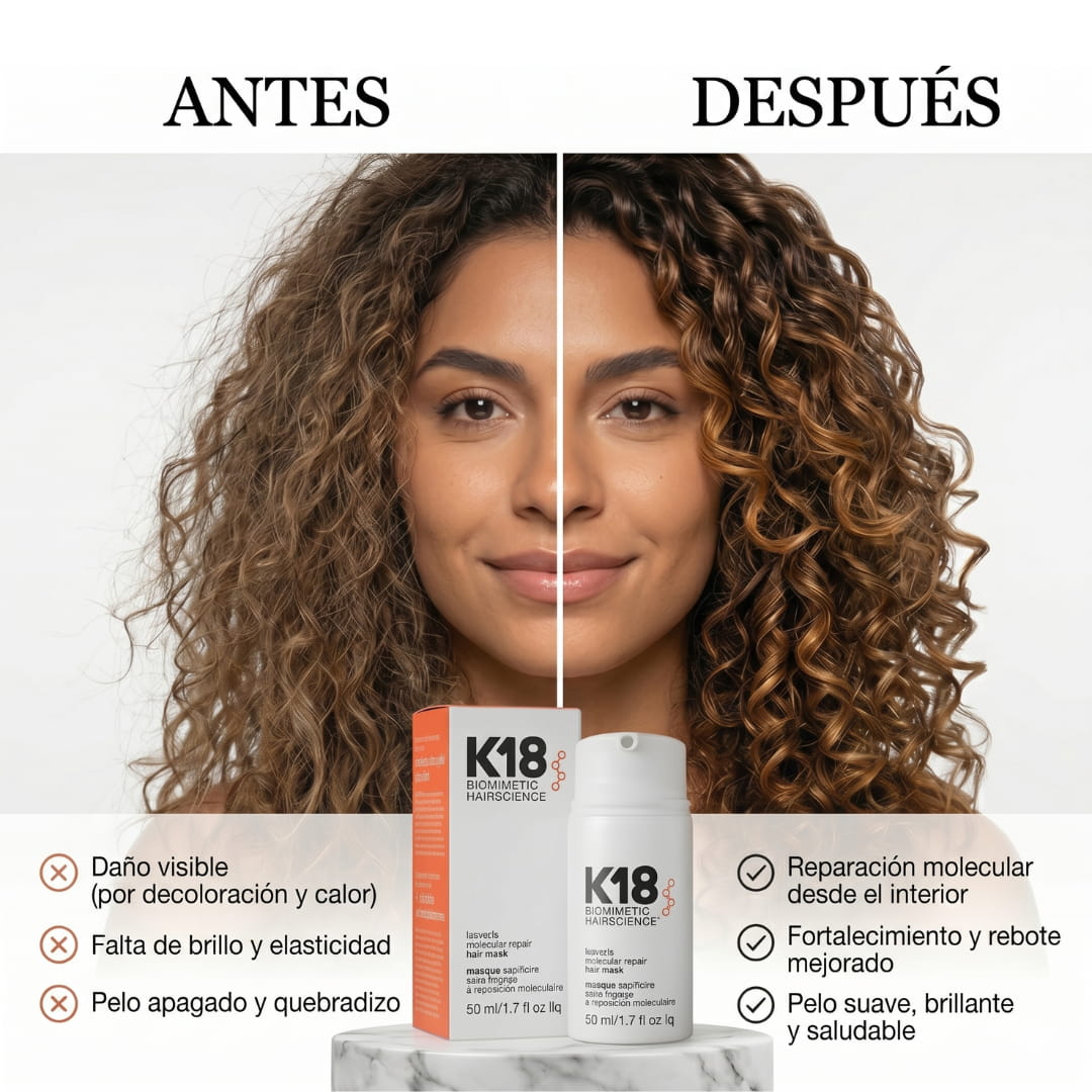 mascarilla de reparación molecular sin enjuague para cabello dañado tratamiento restaurador con péptidos para cabello decolorado y teñido repara en 4 minutos envase de 50ml Producto K18 antes y después. Mascarilla de reparación molecular sin enjuague para cabello dañado tratamiento restaurador con péptidos para cabello decolorado y teñido repara en 4 minutos envase de 50ml