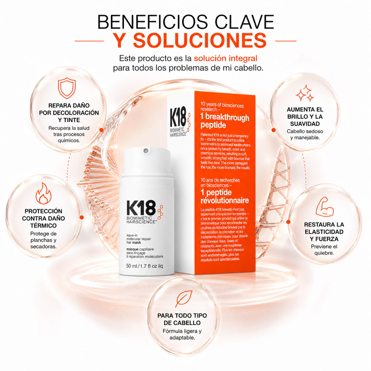 mascarilla de reparación molecular sin enjuague para cabello dañado tratamiento restaurador con péptidos para cabello decolorado y teñido repara en 4 minutos envase de 50ml Beneficios de K18. Una mascarilla de reparación molecular sin enjuague para cabello dañado tratamiento restaurador con péptidos para cabello decolorado y teñido repara en 4 minutos envase de 50ml