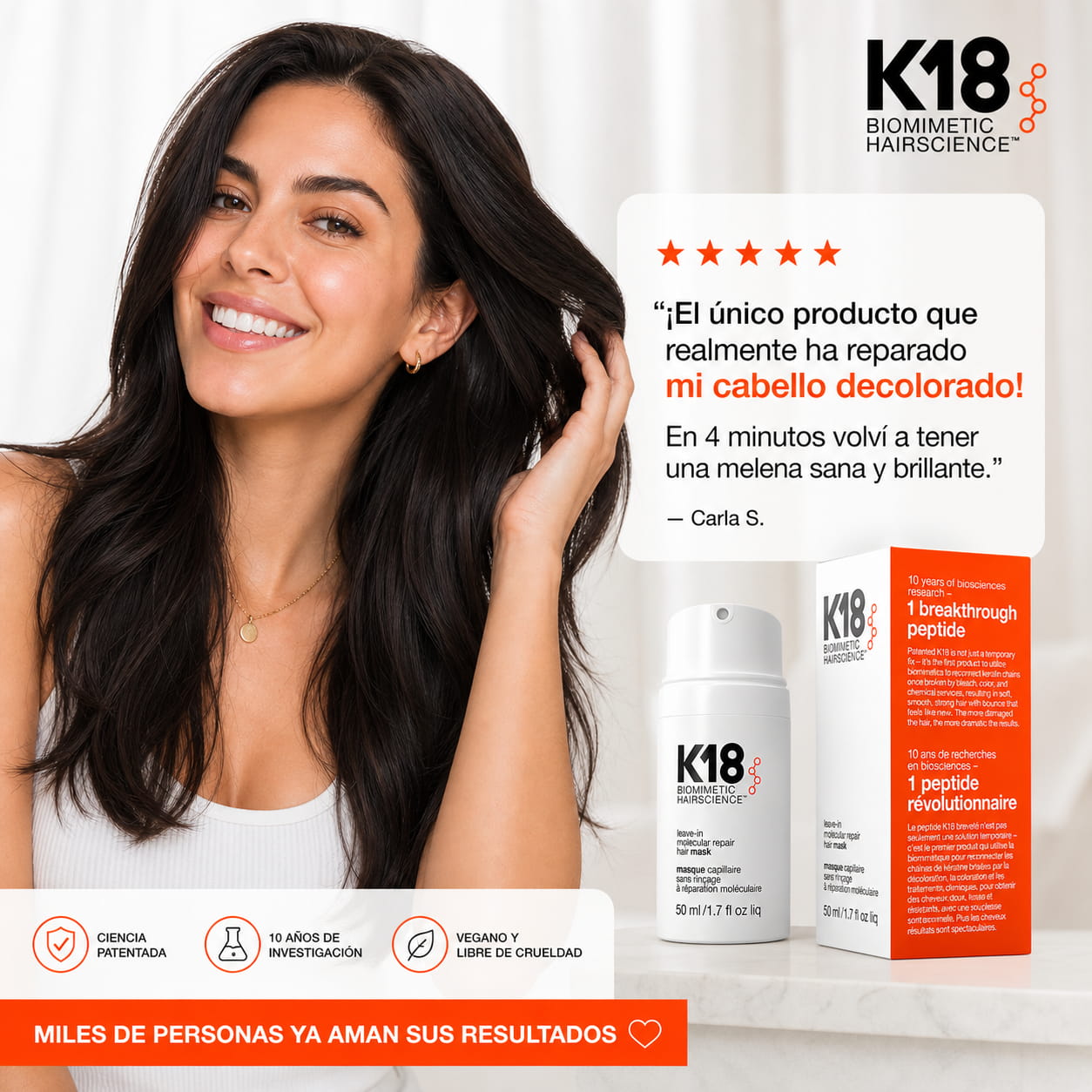 mascarilla de reparación molecular sin enjuague para cabello dañado tratamiento restaurador con péptidos para cabello decolorado y teñido repara en 4 minutos envase de 50ml Producto premium K18 resultado mascarilla de reparación molecular sin enjuague para cabello dañado tratamiento restaurador con péptidos para cabello decolorado y teñido repara en 4 minutos envase de 50ml