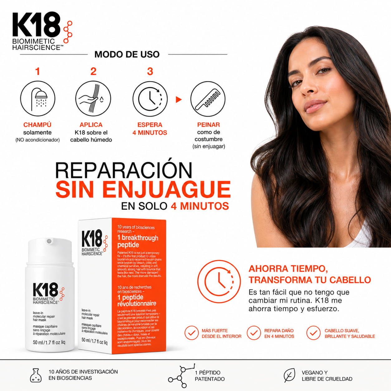 mascarilla de reparación molecular sin enjuague para cabello dañado tratamiento restaurador con péptidos para cabello decolorado y teñido repara en 4 minutos envase de 50ml K18 mascarilla de reparación molecular sin enjuague para cabello dañado tratamiento restaurador con péptidos para cabello decolorado y teñido repara en 4 minutos envase de 50ml
